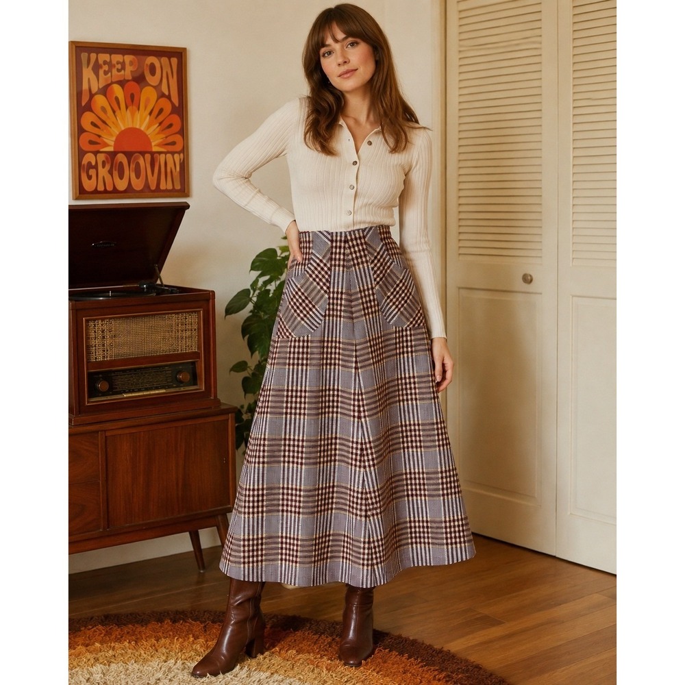 Vintage Pandora 70s Plaid Maxi Skirt Burgundy Tan Hi-Waist A-Line Union Made XS